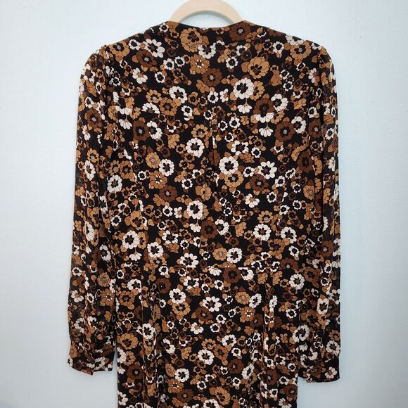 MICHAEL KORS Midi Dress Womens S 4 6 Button Up Brown Floral Long Sleeve V-Neck - Picture 4 of 7